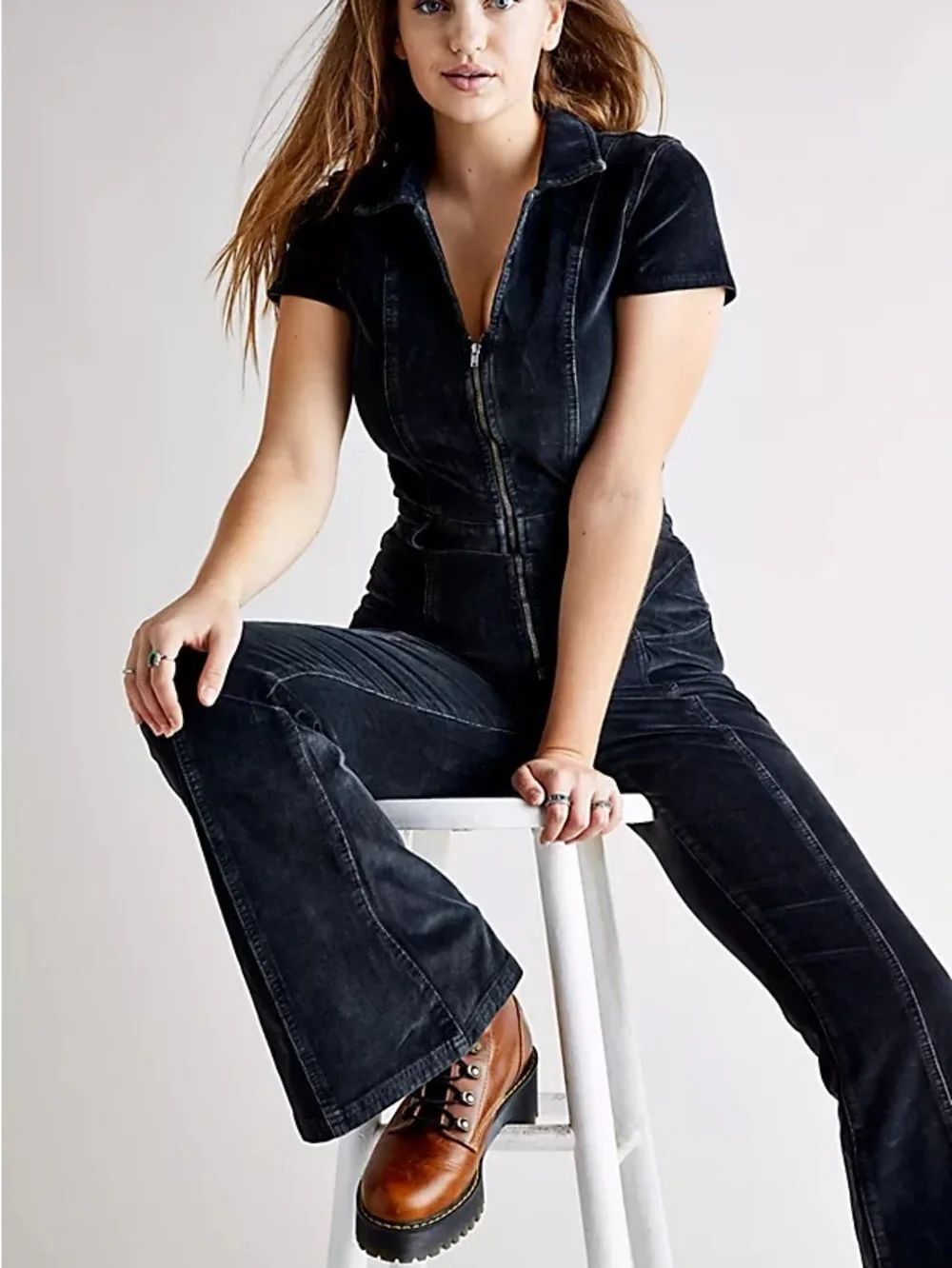 FREE PEOPLE We The Free CRVY Love Letters Black Corduroy Jumpsuit Flared Legs